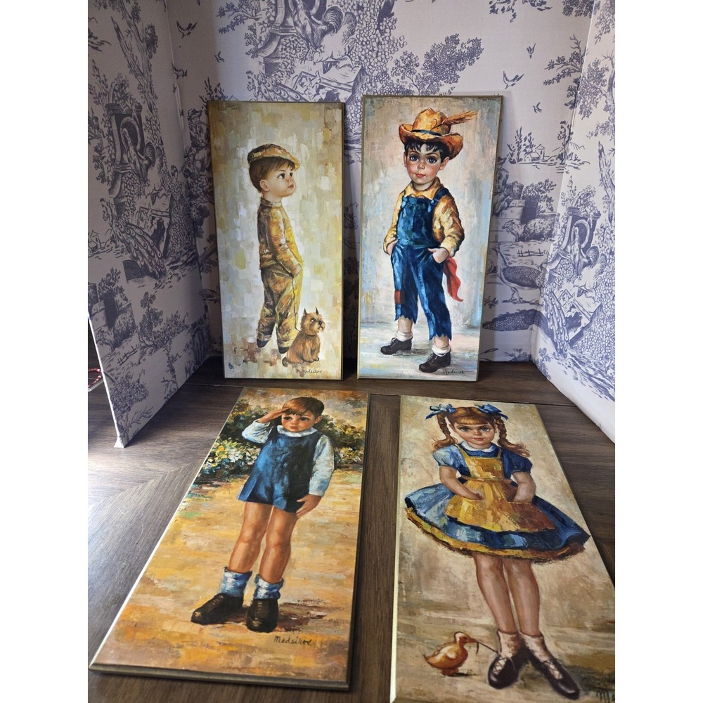 Medeiros vintage signed portrait big eyed children art print set, rustic,Cottage